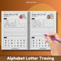 A child pointing to letters on a worksheet, practicing letter recognition.