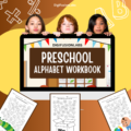A printed no-prep alphabet activity sheet with a child practicing handwriting.