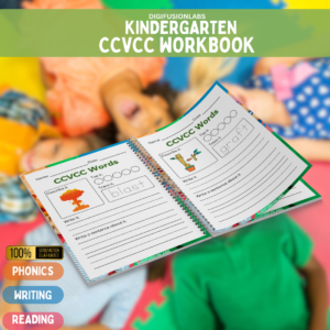 A handwriting worksheet focusing on tracing and writing CCVCC words for kindergarten learners.