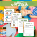 A stack of printed CCVCC worksheets with engaging phonics, writing, and reading activities.