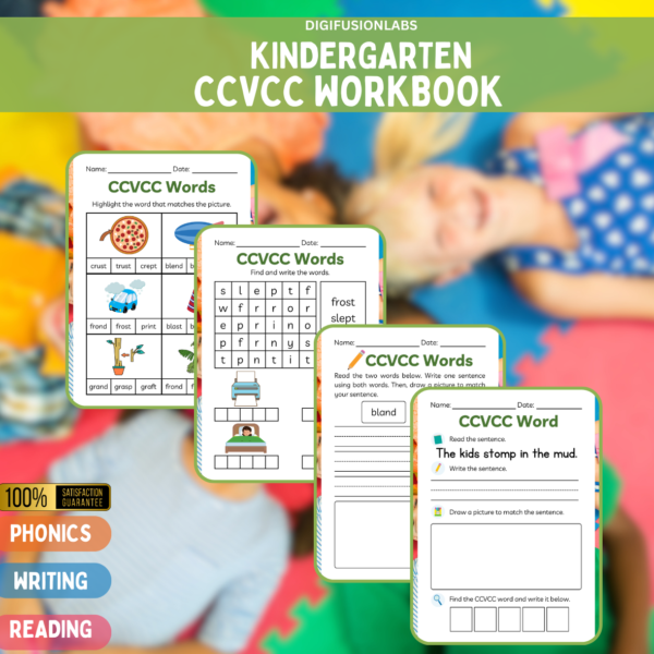 A stack of printed CCVCC worksheets with engaging phonics, writing, and reading activities.