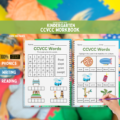 A happy child practicing CCVCC phonics on a worksheet at a classroom or homeschool desk.