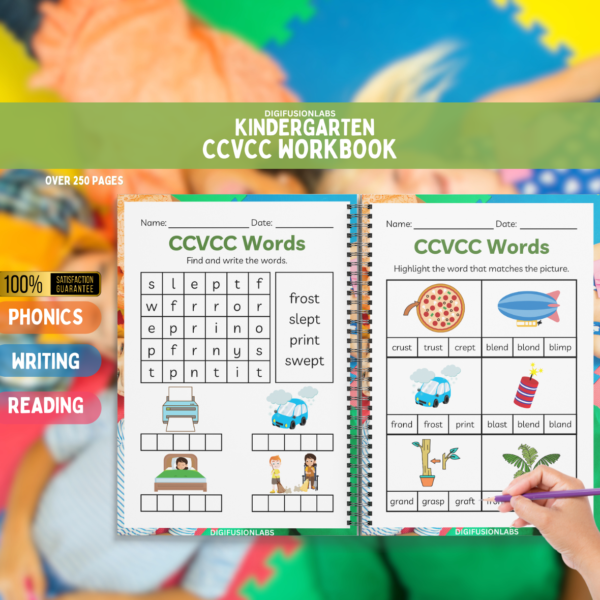 A happy child practicing CCVCC phonics on a worksheet at a classroom or homeschool desk.